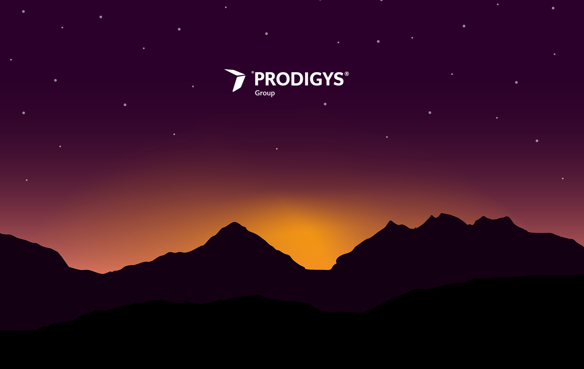 Illustrazione di un profilo montuoso in silhouette su sfondo notturno con cielo viola, punteggiato da stelle. Dietro le montagne si intravede un bagliore arancione all’orizzonte. In alto al centro è presente il logo ‘Prodigys Group’.