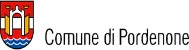 Logo del Comune di Pordenone: a sinistra uno stemma rosso con arco stilizzato e figure decorative, sotto onde blu; a destra la scritta ‘Comune di Pordenone’.