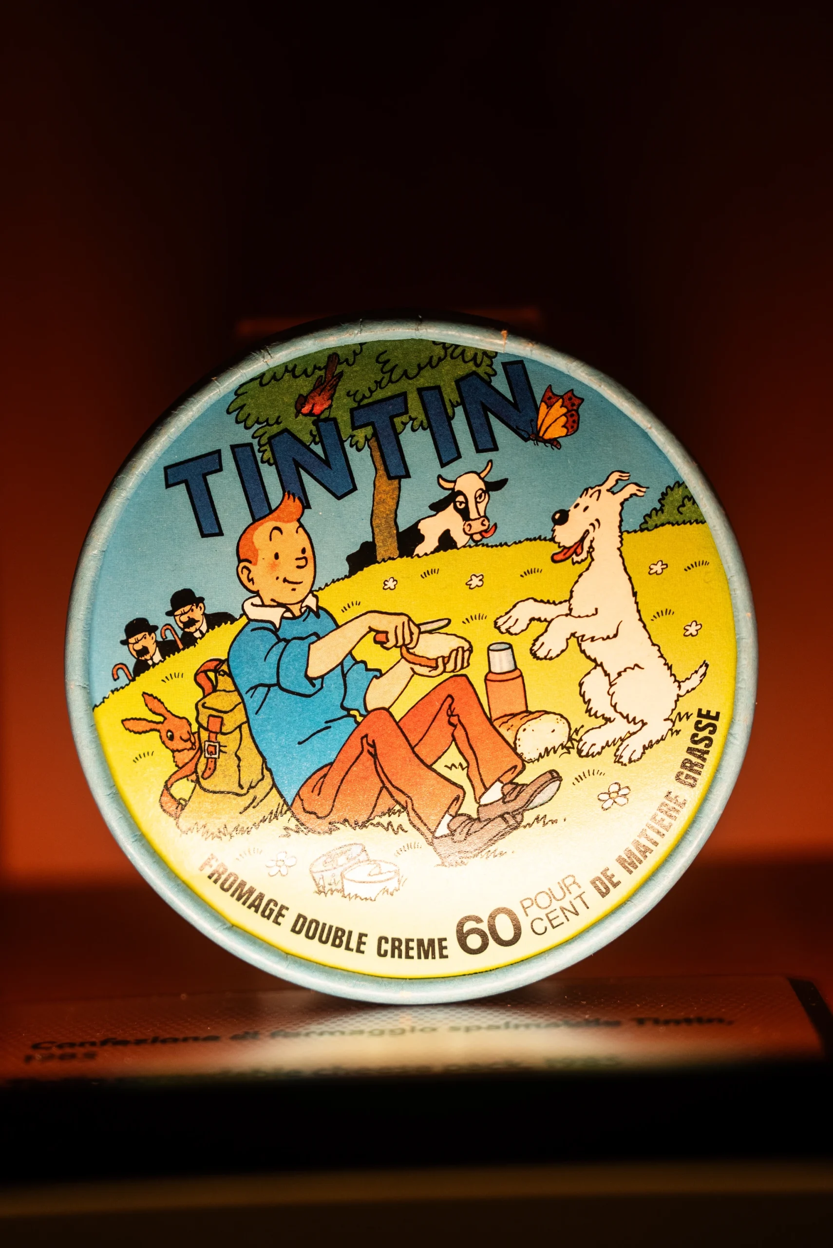Scatola rotonda illustrata con la scritta ‘Tintin’ nella parte superiore. L’immagine sulla scatola mostra un personaggio seduto su un prato insieme a un cane bianco e ad altri animali, con alberi e colline sullo sfondo. In basso compare la scritta ‘Fromage double crème 60 pour cent de matière grasse’.