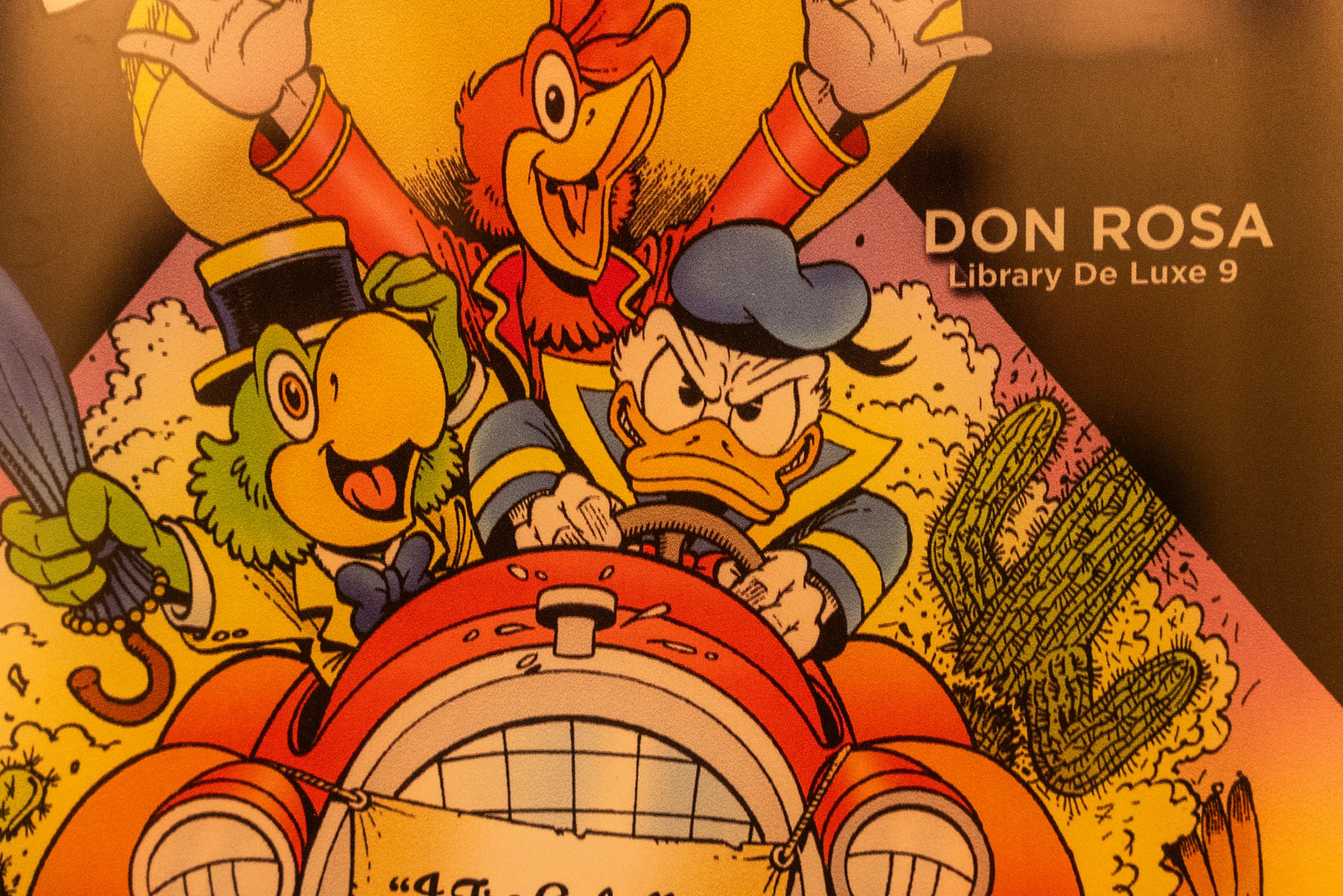 Un'illustrazione a colori tratta dalla copertina di un fumetto di Don Rosa che raffigura i Tre Caballeros. Paperino, con un'espressione determinata, è alla guida di un'auto rossa vintage, affiancato da José Carioca che tiene un ombrello e Panchito Pistoles che esulta sullo sfondo. L'ambientazione è desertica, con cactus e un grande sole giallo che incornicia la scena. In alto a destra appare il testo "DON ROSA Library De Luxe 9".