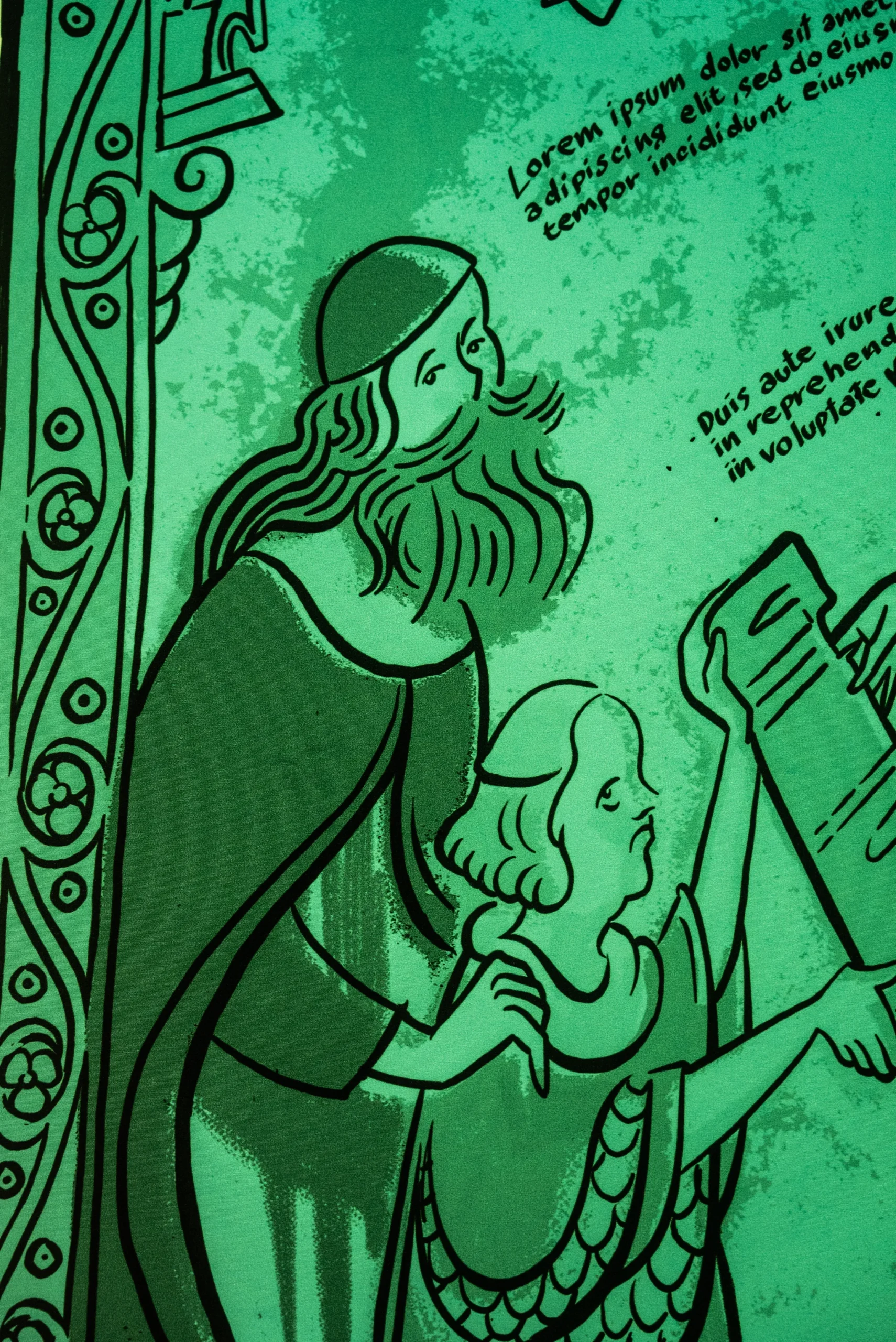 Illustrazione in stile medievale su sfondo verde che raffigura due figure stilizzate: una figura più alta con barba e capo coperto che posa una mano sulla spalla di una figura più piccola. La figura più piccola tiene in mano una tavoletta o un documento. Sulla sinistra compare una cornice decorativa con motivi geometrici e floreali. Sono presenti brevi testi stampati in caratteri neri.