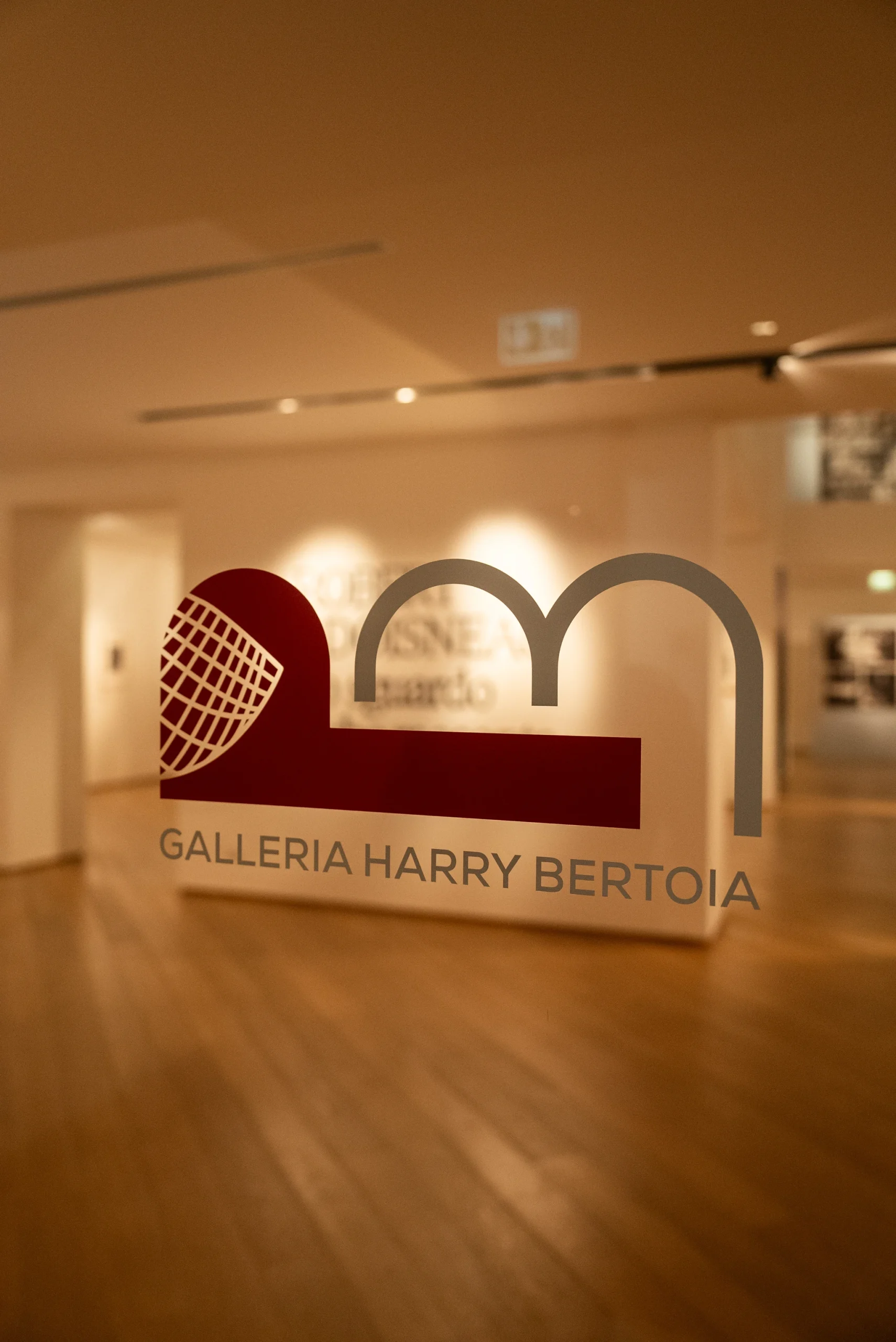 Vetro d’ingresso con il logo e la scritta ‘Galleria Harry Bertoia’; oltre il vetro si intravede uno spazio espositivo con pavimento in legno, pareti chiare e illuminazione soffusa.