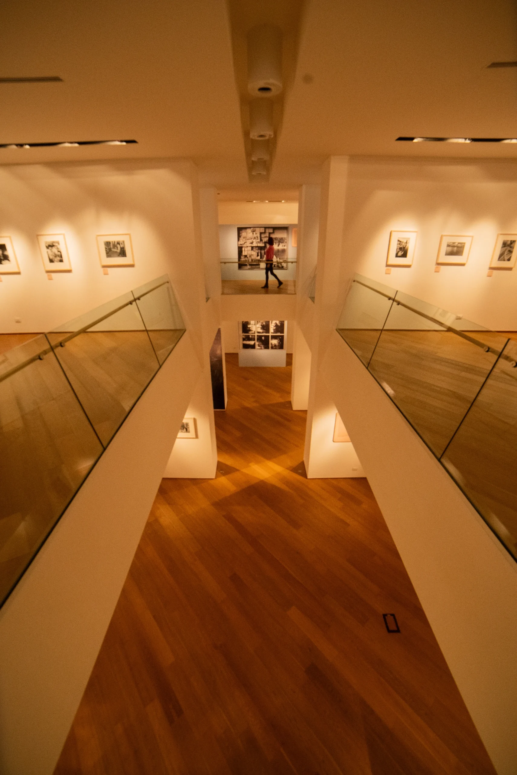 Interno di una sala espositiva a due livelli con corridoi laterali dotati di parapetti in vetro. Le pareti bianche del livello superiore sono decorate con fotografie incorniciate illuminate da faretti a soffitto. Al centro si apre un vano che permette la vista verso il piano inferiore e, sul fondo, un’altra sala con ulteriori opere esposte.