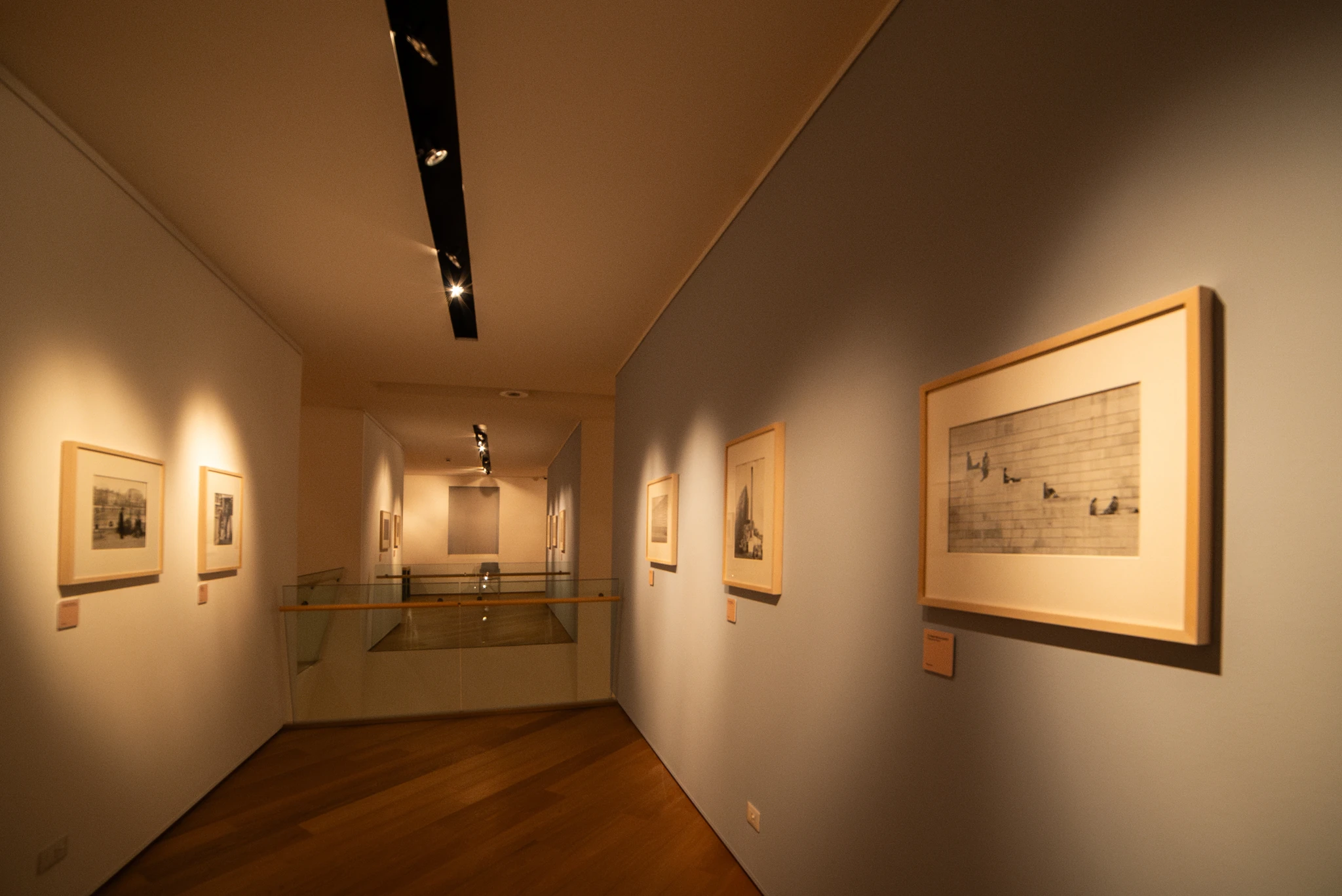Corridoio espositivo illuminato con luci a soffitto, con stampe incorniciate appese lungo entrambe le pareti. In fondo al corridoio è visibile una balaustra in vetro che affaccia su un livello inferiore. Il pavimento è in legno e le pareti sono dipinte in toni chiari.