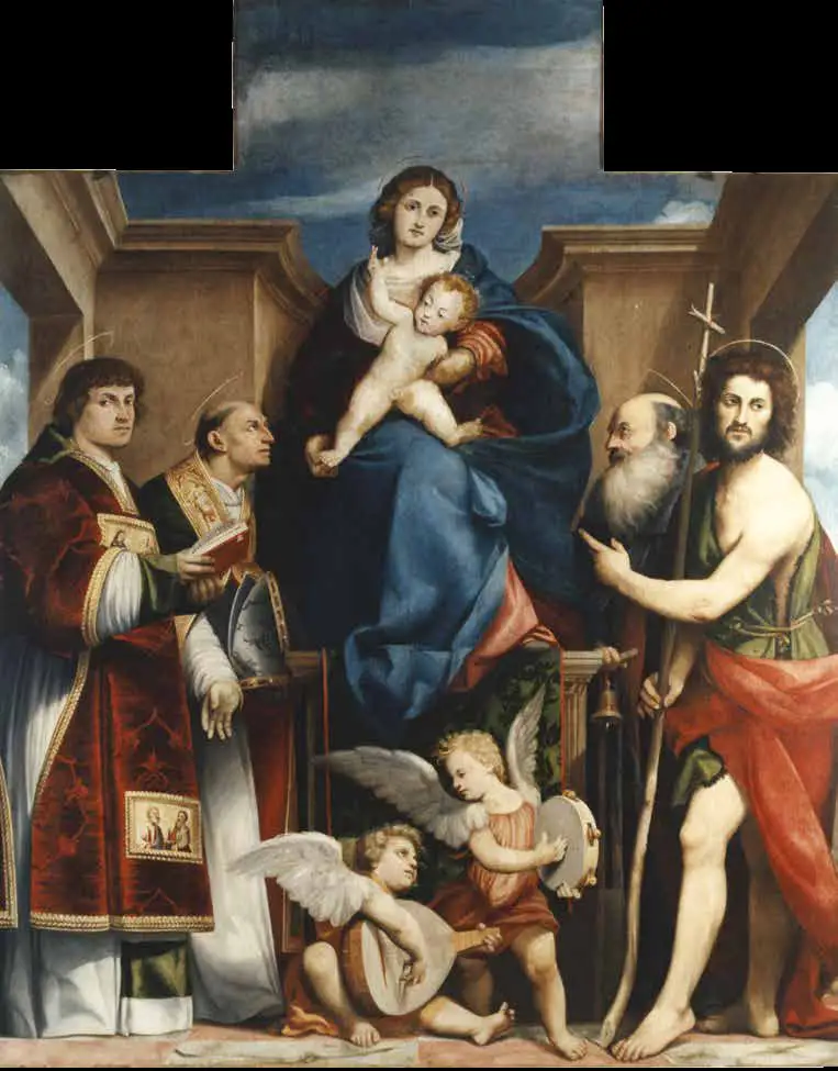 Un dipinto rinascimentale di grandi dimensioni, una Sacra Conversazione, che raffigura la Madonna in trono con il Bambino Gesù in piedi sulle sue ginocchia. La Vergine indossa un abito rosso e un ampio mantello blu. Ai lati del trono sono disposti quattro santi: sulla sinistra due figure in abiti ecclesiastici riccamente decorati, uno dei quali tiene un libro; sulla destra un santo anziano con la barba bianca e San Giovanni Battista, riconoscibile dalla croce di canna e dal mantello rosso sopra la veste di pelle. Ai piedi del trono, in primo piano, due piccoli angeli musicanti siedono a terra: uno suona il liuto e l'altro un tamburello. La scena è ambientata all'interno di un'architettura classica con pilastri che lasciano intravedere un cielo azzurro sullo sfondo. La composizione è piramidale e solenne, tipica dell'arte sacra dell'epoca.