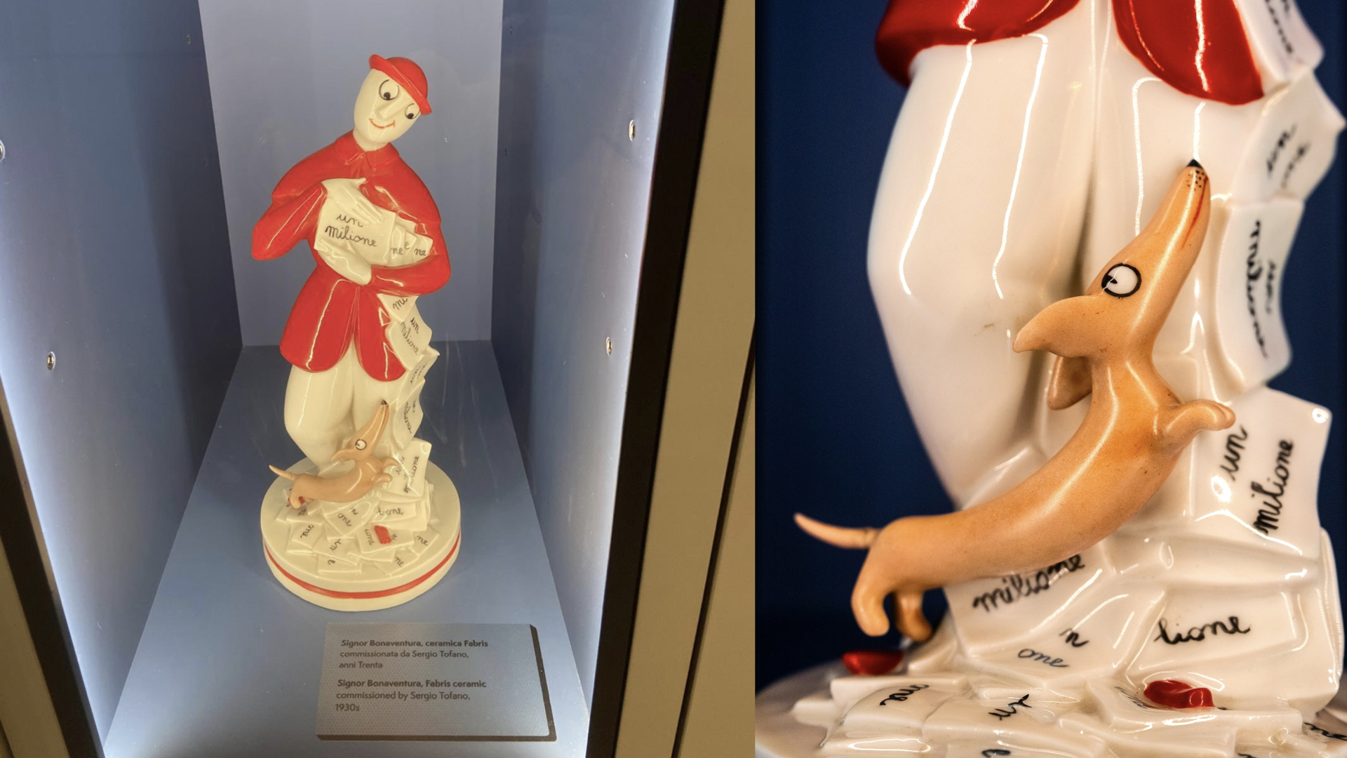 Statuetta in ceramica del Signor Bonaventura con il suo bassotto, esposta in una teca museale. Il personaggio indossa la sua classica giubba rossa e tiene in mano il celebre biglietto da "un milione".