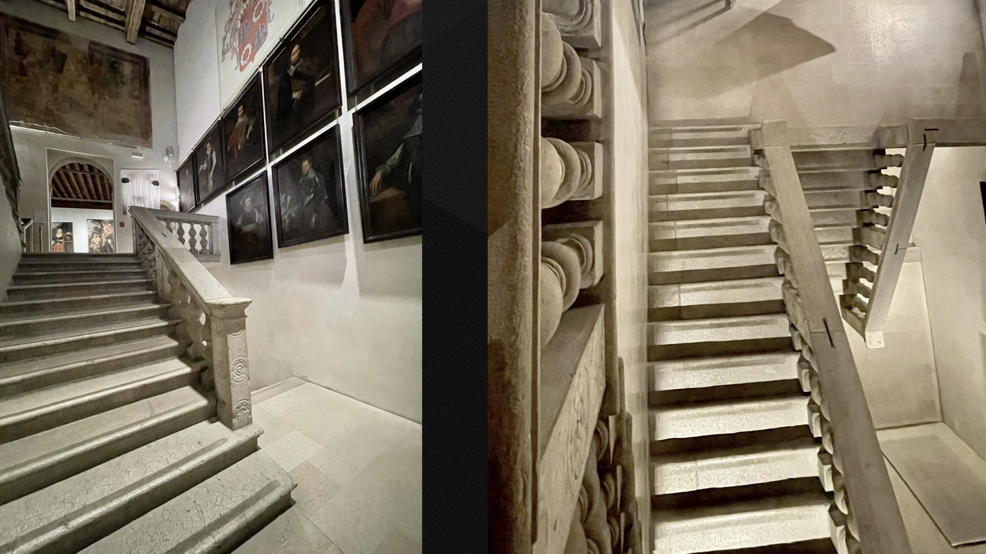 Immagine divisa in due parti che mostra lo scalone monumentale di un palazzo storico. A sinistra, una vista grandangolare della scalinata in pietra con balaustra scolpita, alle cui pareti sono appesi numerosi ritratti d'epoca in cornici scure. A destra, un dettaglio ravvicinato e verticale della stessa scala, che enfatizza la geometria dei gradini e degli elementi architettonici della balaustra sotto una luce soffusa.