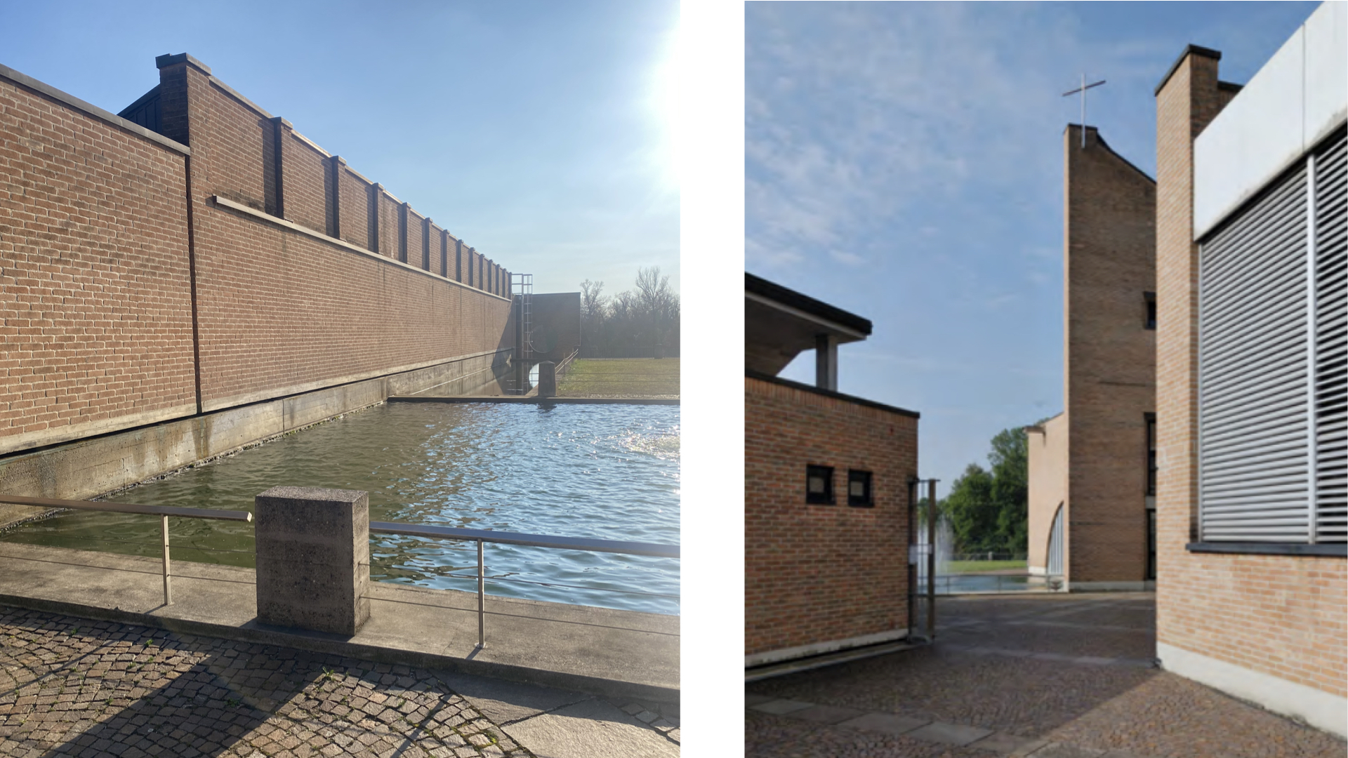 Due scatti che mostrano l’architettura esterna del Museo Diocesano di Pordenone. A sinistra, un lungo muro in mattoni rossi si riflette in una vasca d'acqua lineare; a destra, uno scorcio del complesso moderno con una torre slanciata sormontata da una croce stilizzata, caratterizzata da linee geometriche pulite e materiali essenziali.