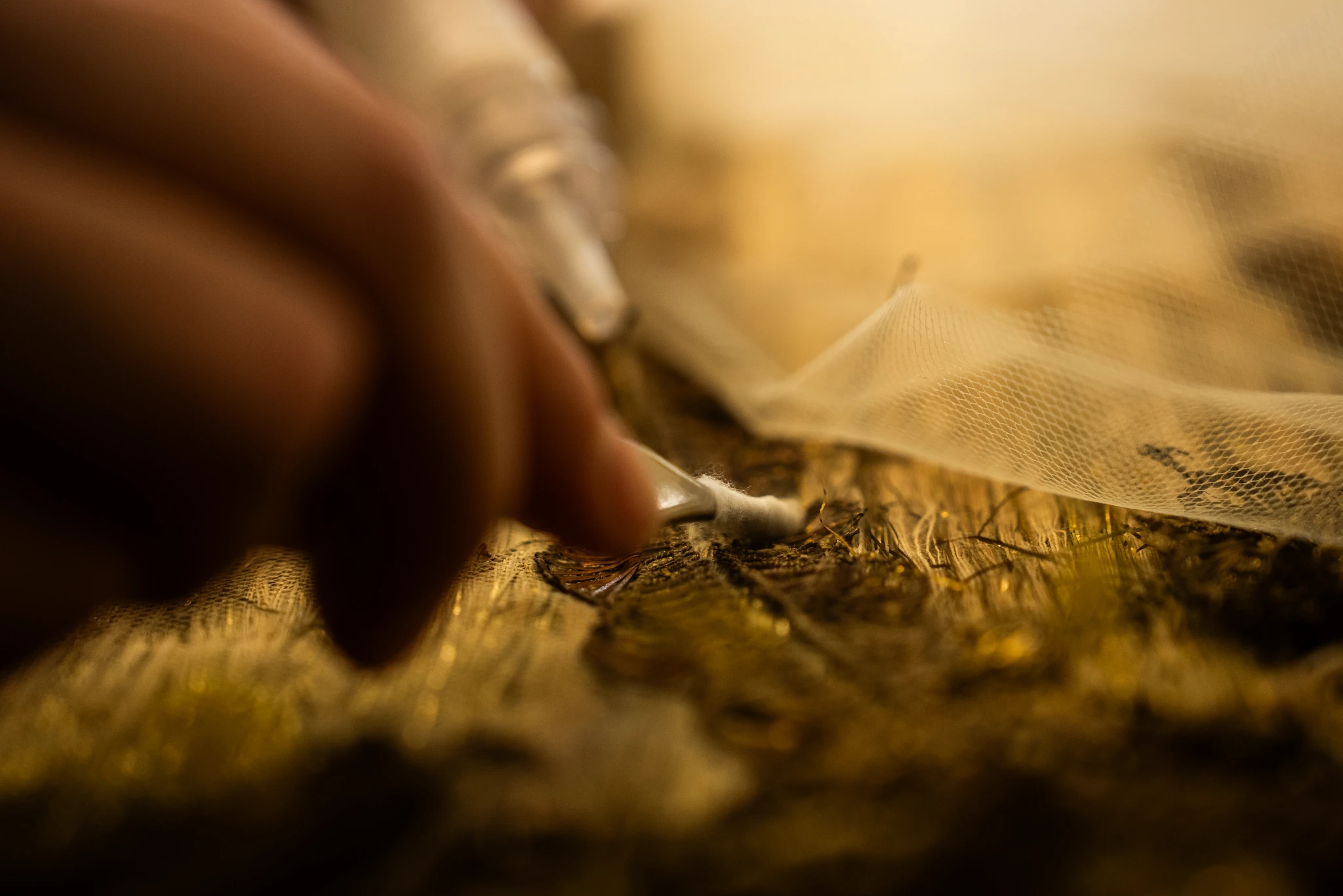 Inquadratura macro e dinamica delle mani di una restauratrice mentre pulisce con estrema precisione un antico tessuto dorato. Viene utilizzato un bastoncino con punta in cotone per agire sulle fibre delicate. Accanto alla zona di intervento è steso un velo protettivo trasparente. La luce calda mette in risalto la lucentezza dei filati metallici e la meticolosità del lavoro.