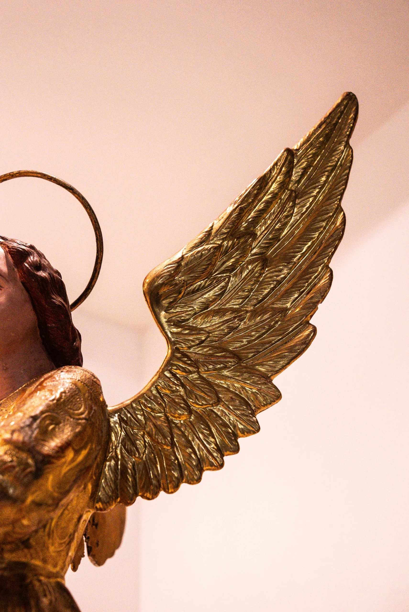 Un'inquadratura ravvicinata e dinamica che ritrae un angelo in legno dorato. Al centro dell'immagine risalta un'ala spiegata verso l'alto, finemente intagliata piuma per piuma, che brilla di una luce calda e riflessi metallici. Sulla sinistra si vede il profilo della testa dell'angelo con capelli mossi color castano e una sottile aureola circolare in metallo che lo sovrasta. La veste è riccamente decorata con motivi a sbalzo dorati. Lo sfondo è chiaro e neutro, mettendo in pieno risalto la silhouette slanciata e la preziosità della lavorazione dell'opera.